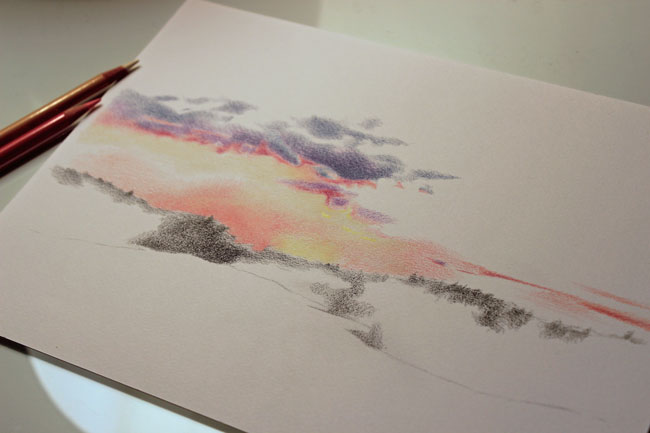 colored pencil sunset work in progress
