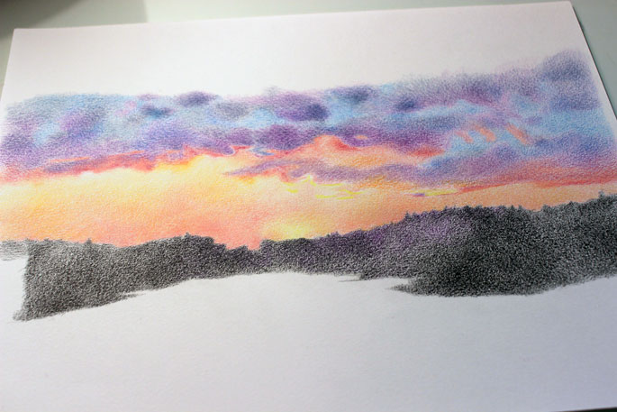 colored pencil sunset work in progress